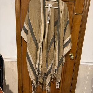 BCBG Chic Tan and Black Striped Poncho with Fringe